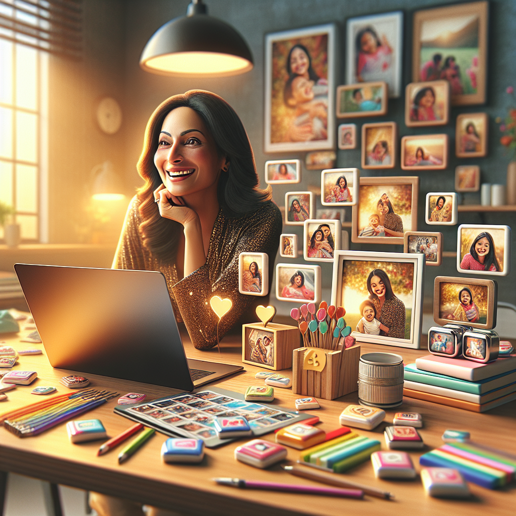 שולחן ועליו תמונות מודפסות בעיצובים שונים – מגנטים, בלוקים מעץ ותמונות על זכוכית, לצד אדם המבצע פיתוח תמונות אונליין במחשב. התמונה מדגישה פיתוח תמונות על מגוון מוצרים, חווית משתמש קלה ונוחות פיתוח אונליין.