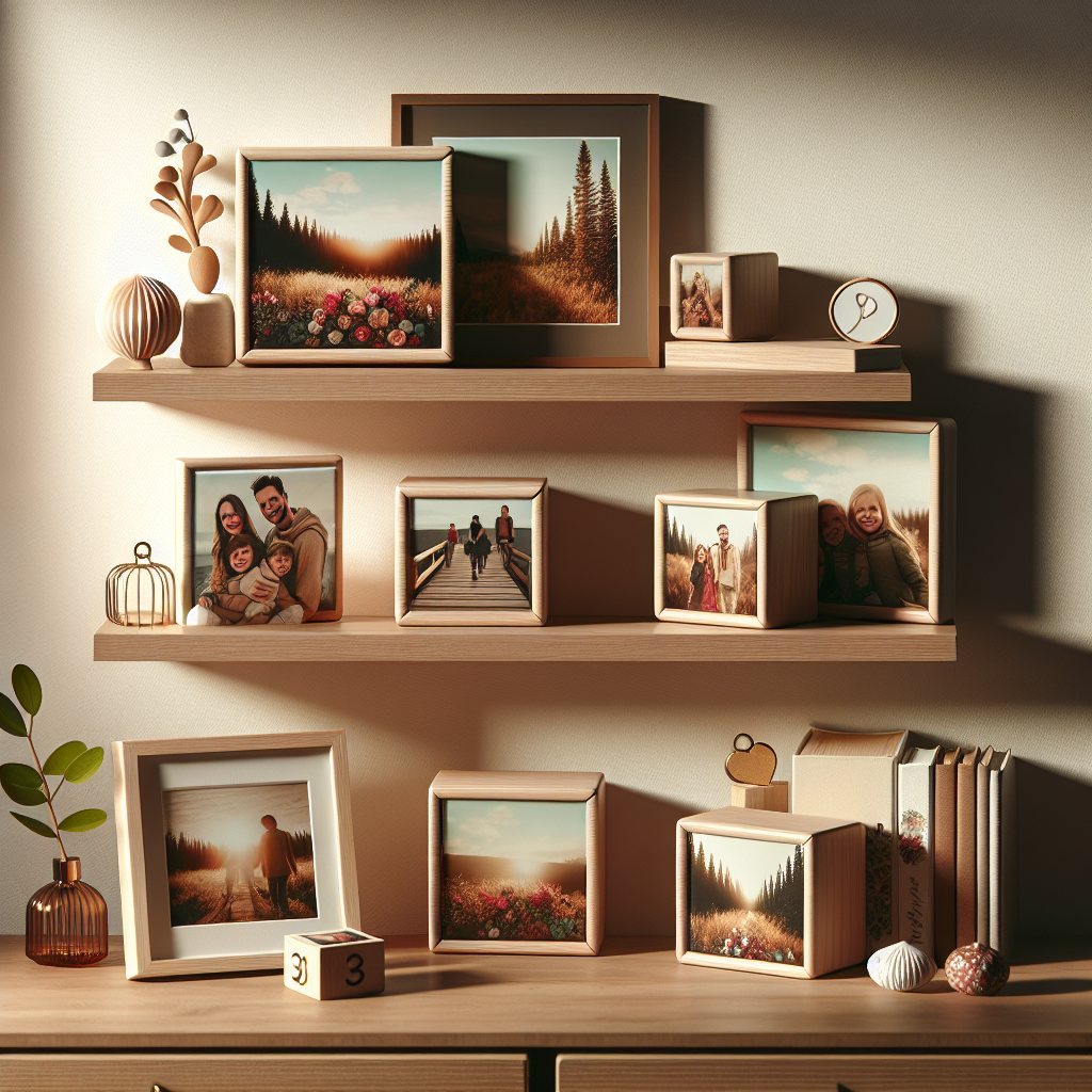 תמונות מודפסות על בלוקים מעץ בעיצוב אישי מוצגים על מדף בבית, לצד הדפסת תמונה על זכוכית ומגנטים – פיתוח תמונות אונליין בעיצוב מודרני וייחודי.