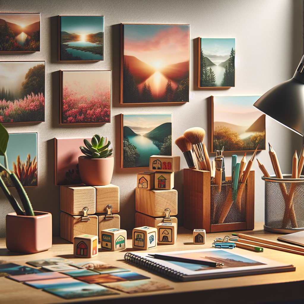 שולחן עם מגנטים ותמונות מודפסות, כולל תמונה על בלוק עץ ותמונה מודפסת על זכוכית, המדגימים את פיתוח התמונות והדפסתן על מוצרים שונים בבית