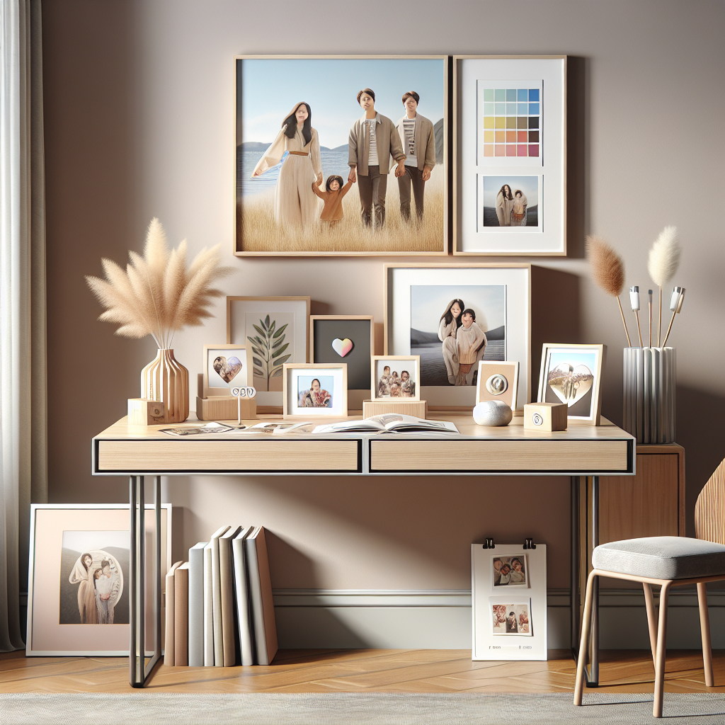 בלוק עץ עם תמונה, מגנטים עם פיתוח תמונות, מסגרת זכוכית ותמונות מודפסות מוצגות על שולחן בחדר מעוצב – דרכים יצירתיות להדפיס תמונות על מוצרים לשדרוג עיצוב החלל.
