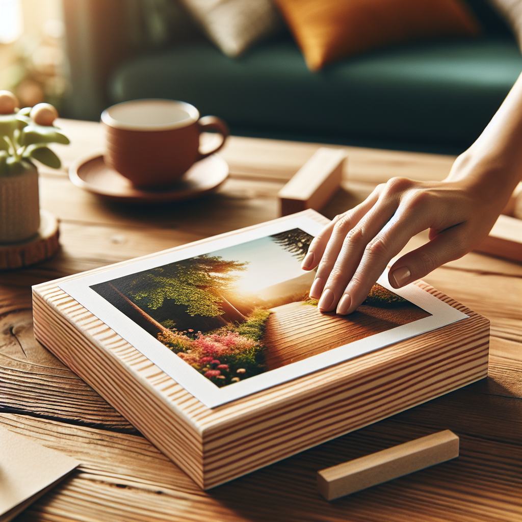 הדפסת תמונה צבעונית על בלוק עץ טבעי, מוצבת על שולחן עץ, מדגימה הדפסה איכותית אונליין של תמונות על בלוקים מעץ – פתרון עיצובי ומקורי למתנה אישית ומיוחדת.